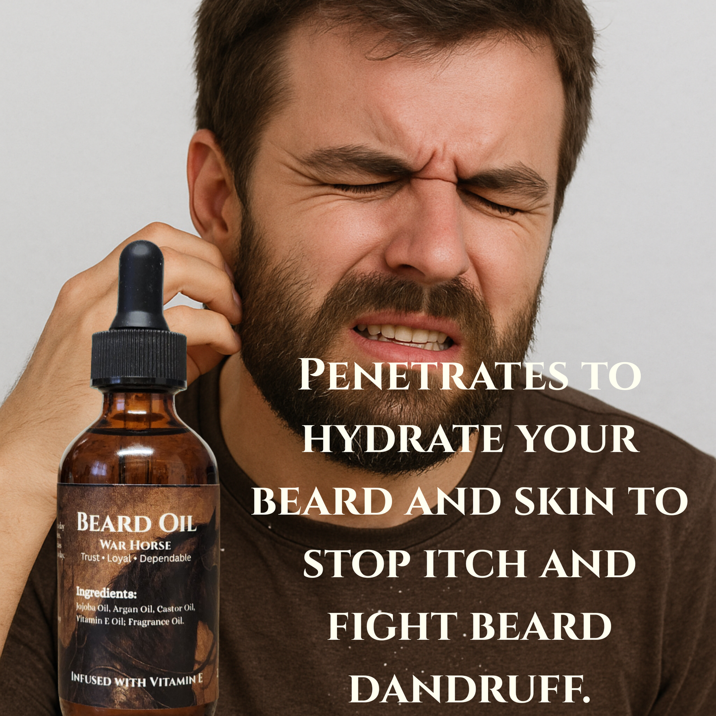 Man with a beard holding a bottle of beard oil with text about its benefits.