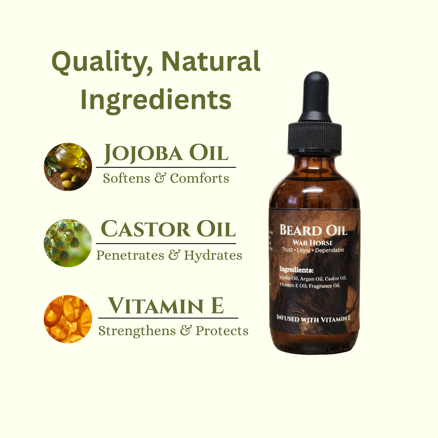 Ingredients and benefits of beard oil in brown dropper bottle.