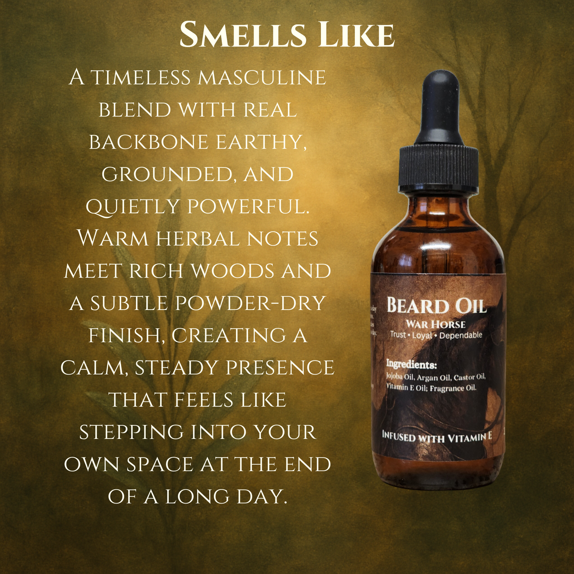 Bottle of beard oil with descriptive text describing the smell of the beard oil.