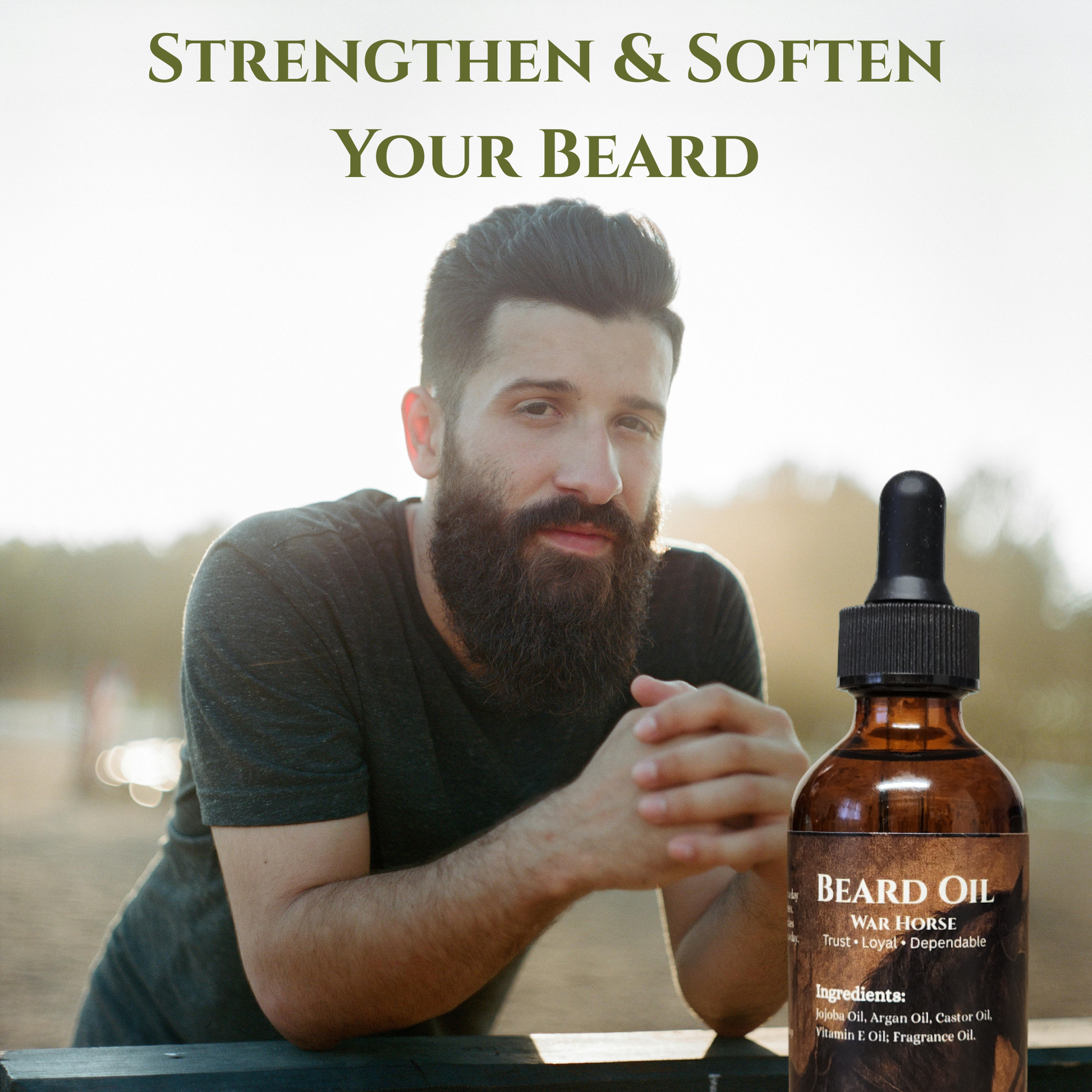 Man with a beard holding a bottle of beard oil with text 'Strengthen & Soften Your Beard'.