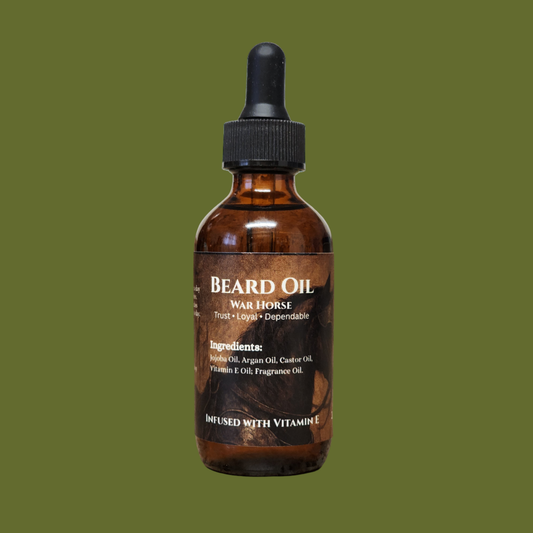 Brown bottle of beard oil with a dropper on a green background