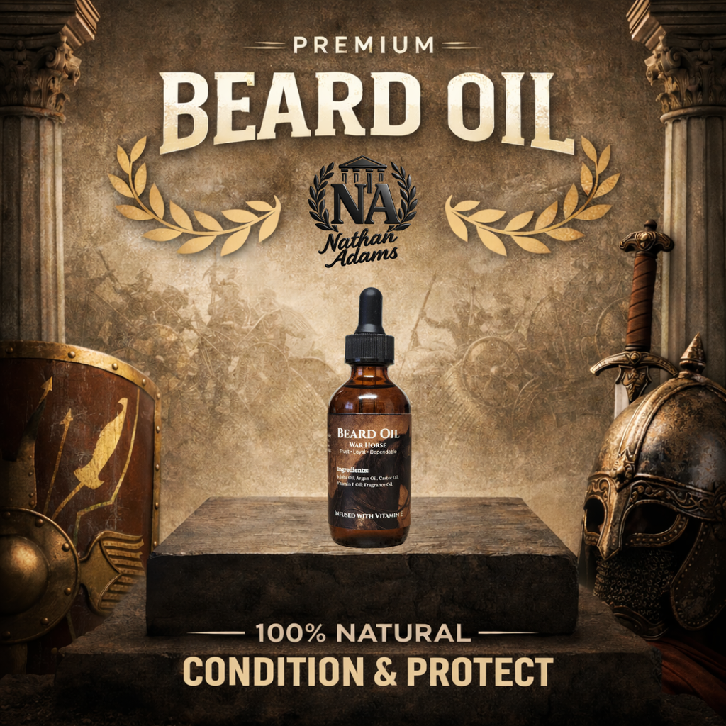 Beard oil bottle on a pedestal with Roman-themed decorations and 'Nathan Adams' branding.