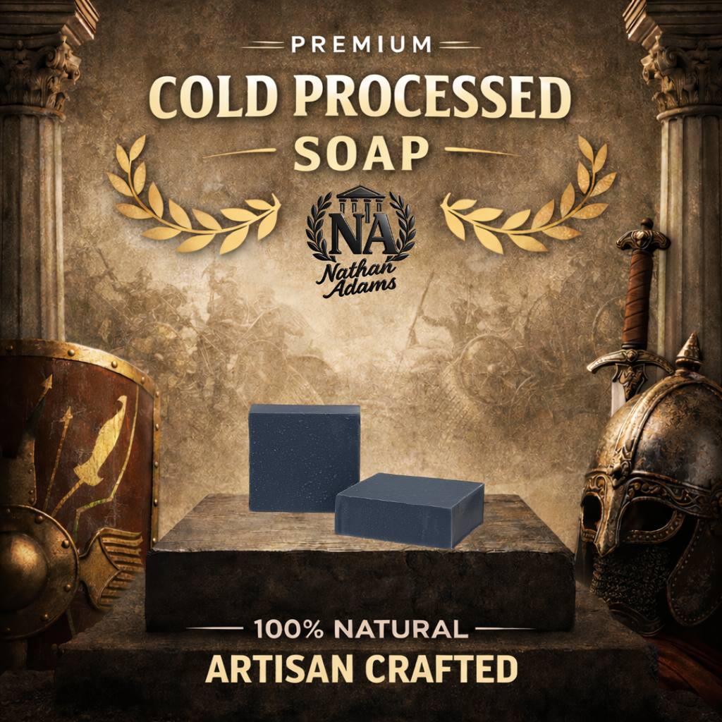 Two bars of soap on a pedestal with 'Nathan Adams' branding against an ancient-themed background.