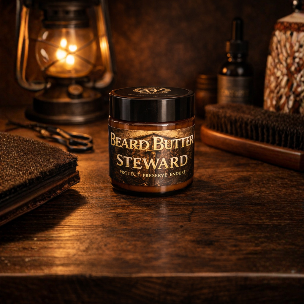 Jar of Steward beard butter on a wooden surface with vintage items.
